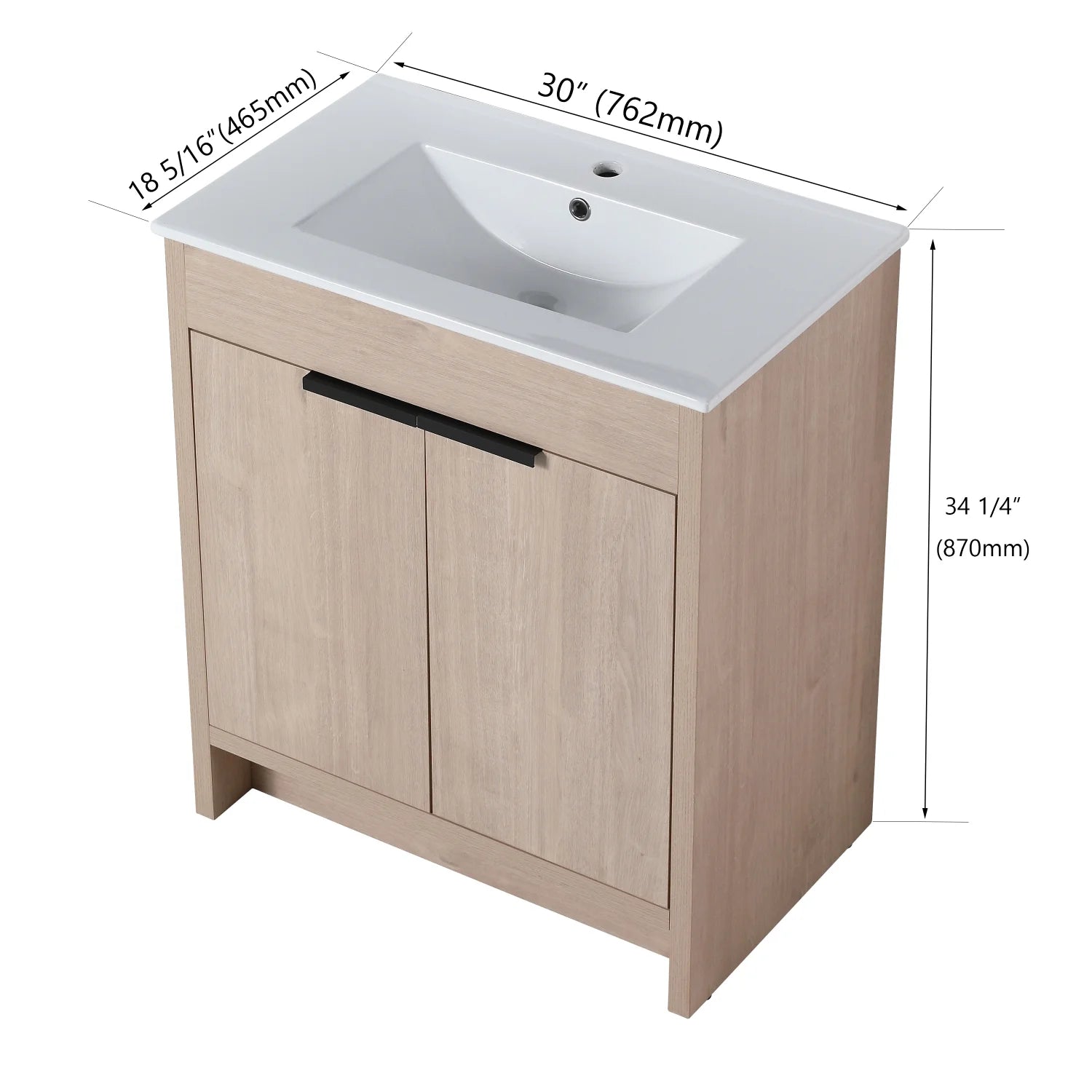 Holaki 30 Inch Freestanding Bathroom Vanity with Black Ceramic Sink & 2 Soft-Close Cabinet Doors, Plain Light Oak