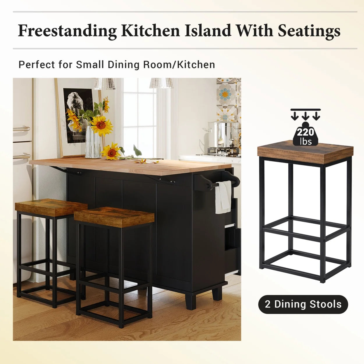 3 Pieces Farmhouse Style Kitchen Island Set with 2 Dining Stools, Kitchen Island with Adjustable Shelf, 4 Drawers, 2-Door Cabinet, Towel Rack & Rubber Wood Tabletop, Blue