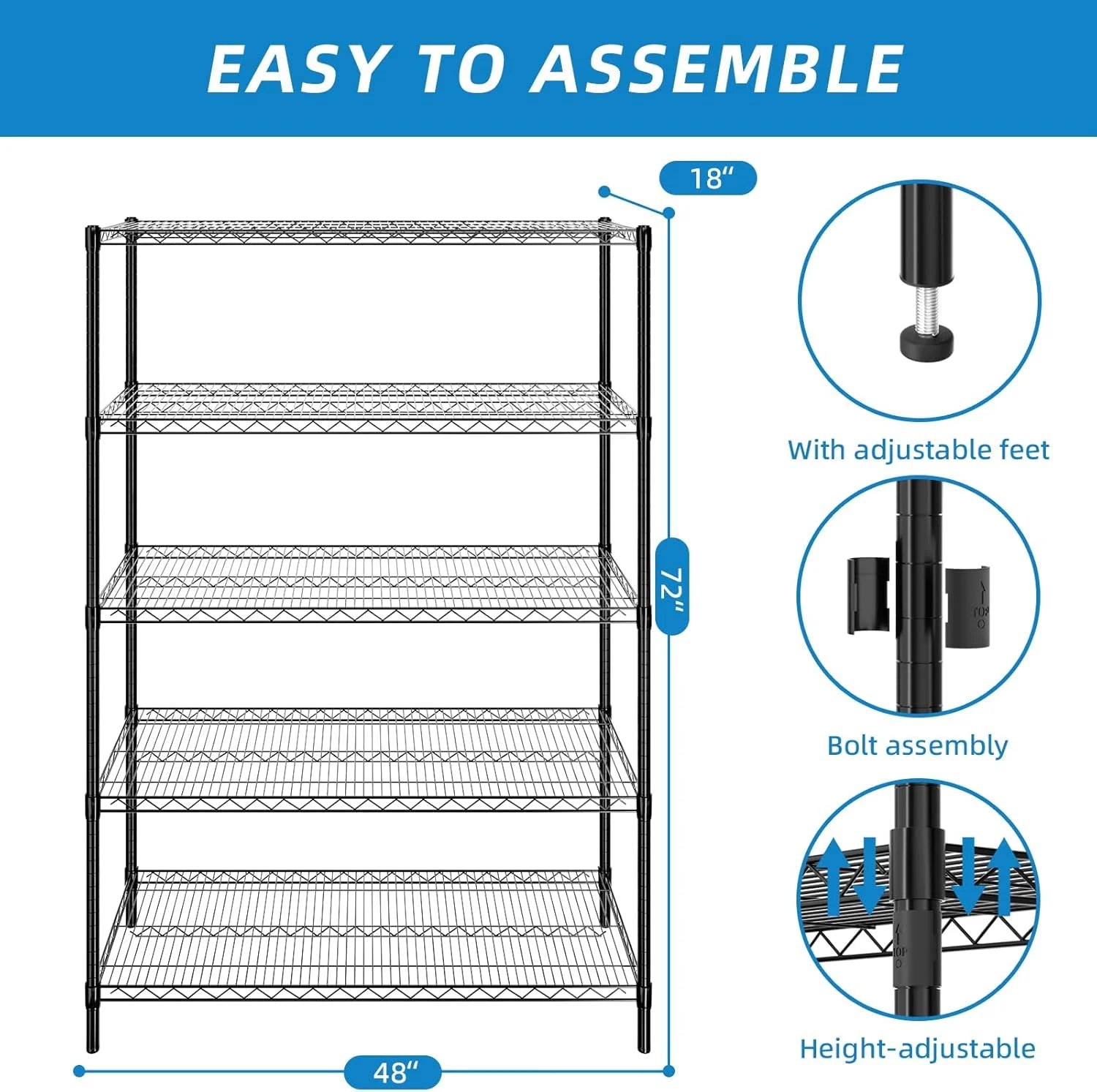 5-Tier Wire Storage Shelves, Adjustable Metal Heavy Duty Storage Rack for Office, Kitchen, Bedroom, Bathroom, Laundry, Pantry Basement, Garage, Black