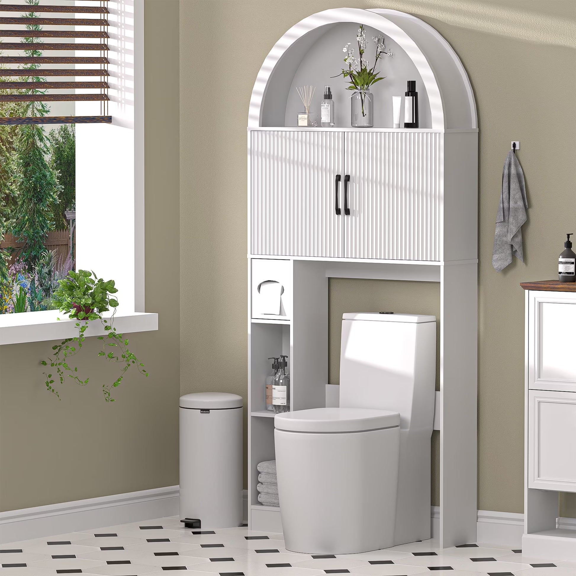HARIPUL Over The Toilet Storage Cabinet w/Unique Wood Grain & Arc Design, Freestanding Bathroom Shelf Organizer Space Saver w/Doors & Anti-Tip Device, Wood Color