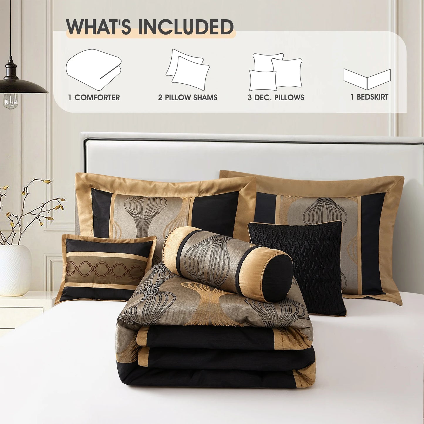 Lanco Elegant Black and Gold Comforter Set,Striped, 7 Pieces Jacquard Bedding Sets with Comforter for All Season, Bed Skirt, Pillows & Shams, Queen Size, Lightweight Microfiber