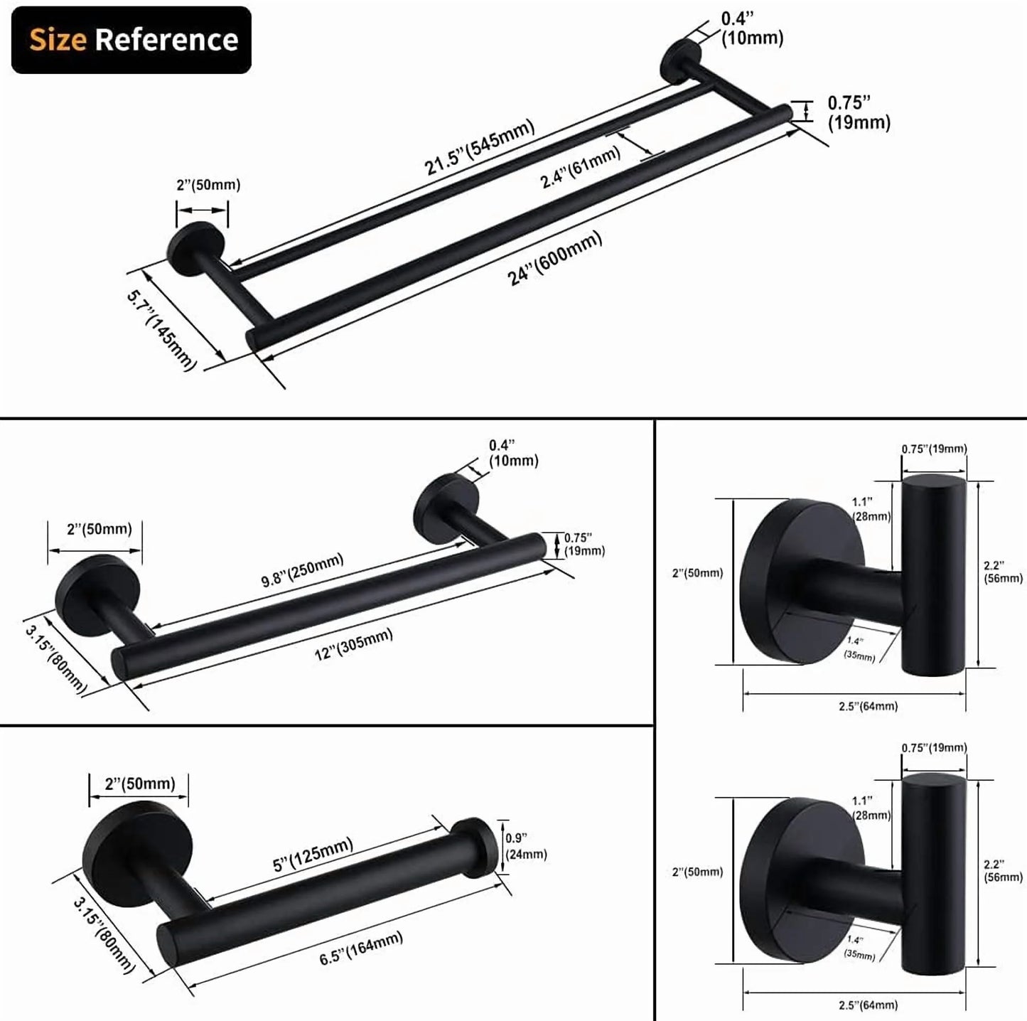 Matte Black Bathroom Accessories Kit 5-Pieces Bathroom Hardware Set Wall Mounted - Includes 24" Double Towel Bar, 12" Hand Towel Bar, Toilet Paper Holder, 2X Robe Towel Hooks ...