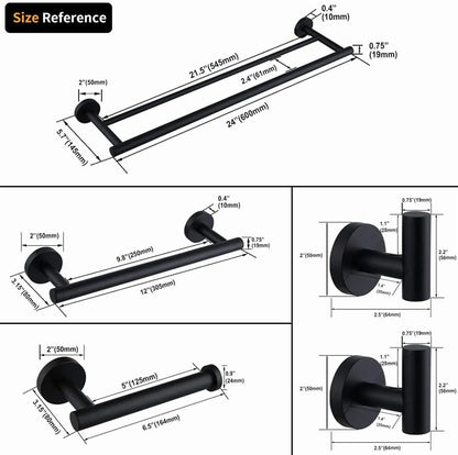 Matte Black Bathroom Accessories Kit 5-Pieces Bathroom Hardware Set Wall Mounted - Includes 24" Double Towel Bar, 12" Hand Towel Bar, Toilet Paper Holder, 2X Robe Towel Hooks ...
