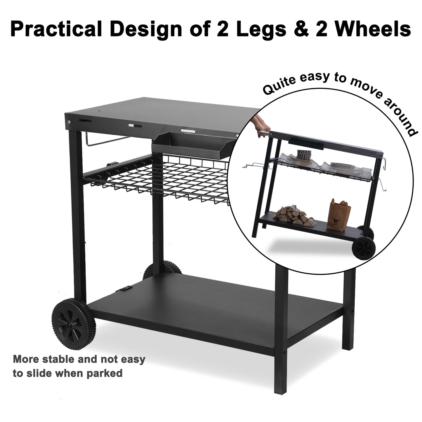 Grill Cart, Pizza Oven Stand, Outdoor bbq Prep Station with Storage, Wheel, Hook, Handle, Black Steel Tabletop, Garbage Bag Holder, Paper Towel Holder, Movable Spice Rack
