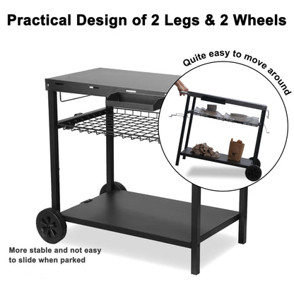 Grill Cart, Pizza Oven Stand, Outdoor bbq Prep Station with Storage, Wheel, Hook, Handle, Black Steel Tabletop, Garbage Bag Holder, Paper Towel Holder, Movable Spice Rack