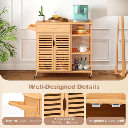 Costway 35.5" Kitchen Island Cartwith Lockable Wheels Drawer Open Shelves Towel Bar