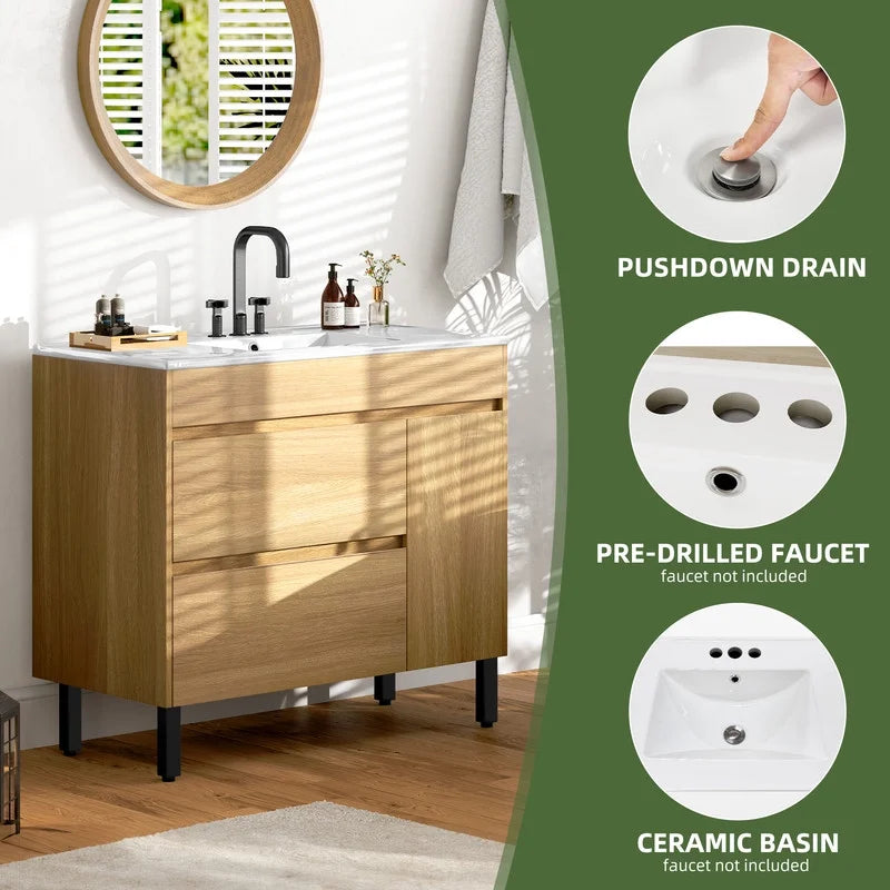 Uforic 36 " Bathroom Vanity with Undermount Sink, Free Standing Bathroom Storage Cabinet with 2 Drawers, Oak