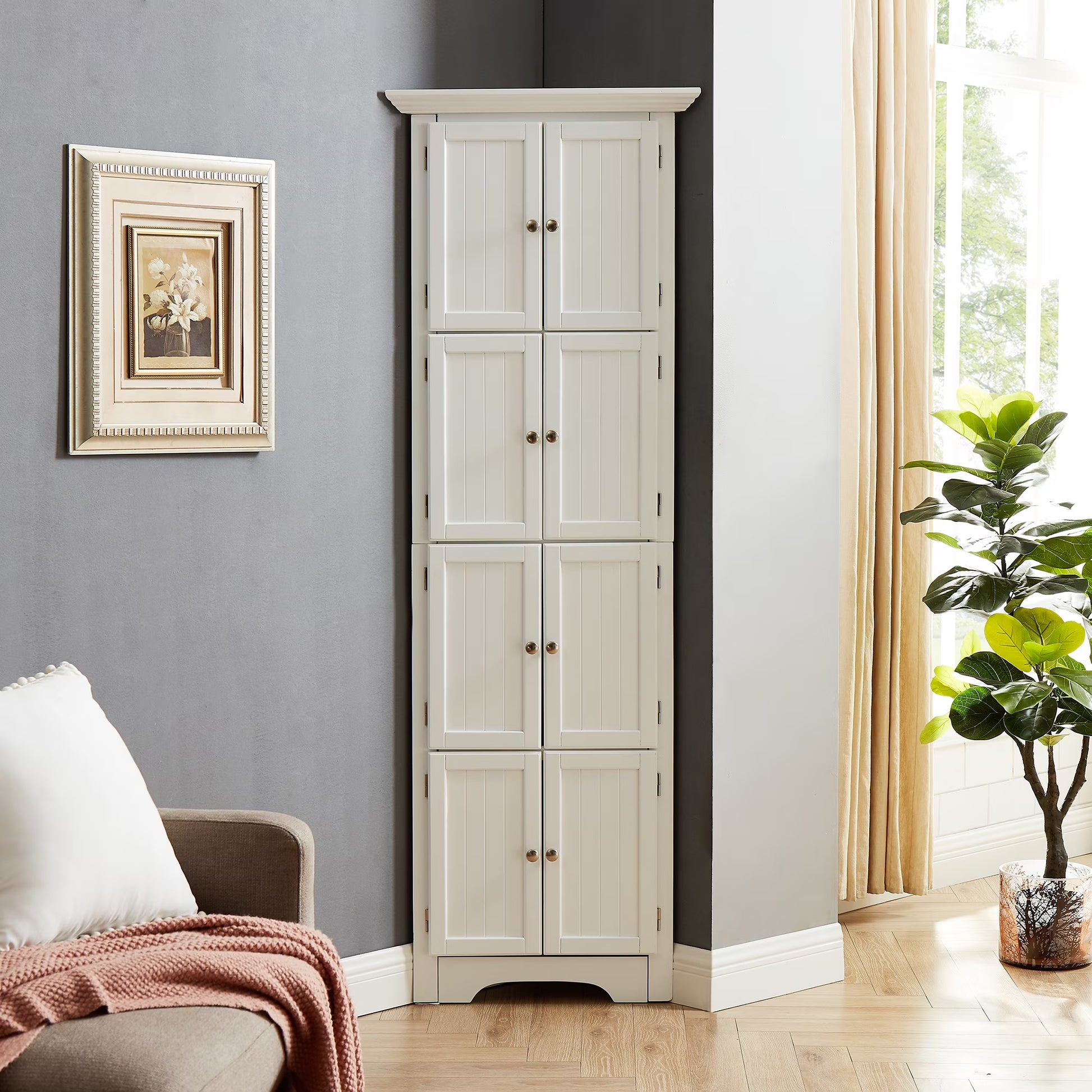 Royard Oaktree 72" Tall Corner Cabinet with 8 Doors and 4 Storage Shelves, Freestanding Bathroom Storage Cabinet, 4-tier Kitchen Pantry Storage Cabinet for Bathroom, Living Room, Office (Black)