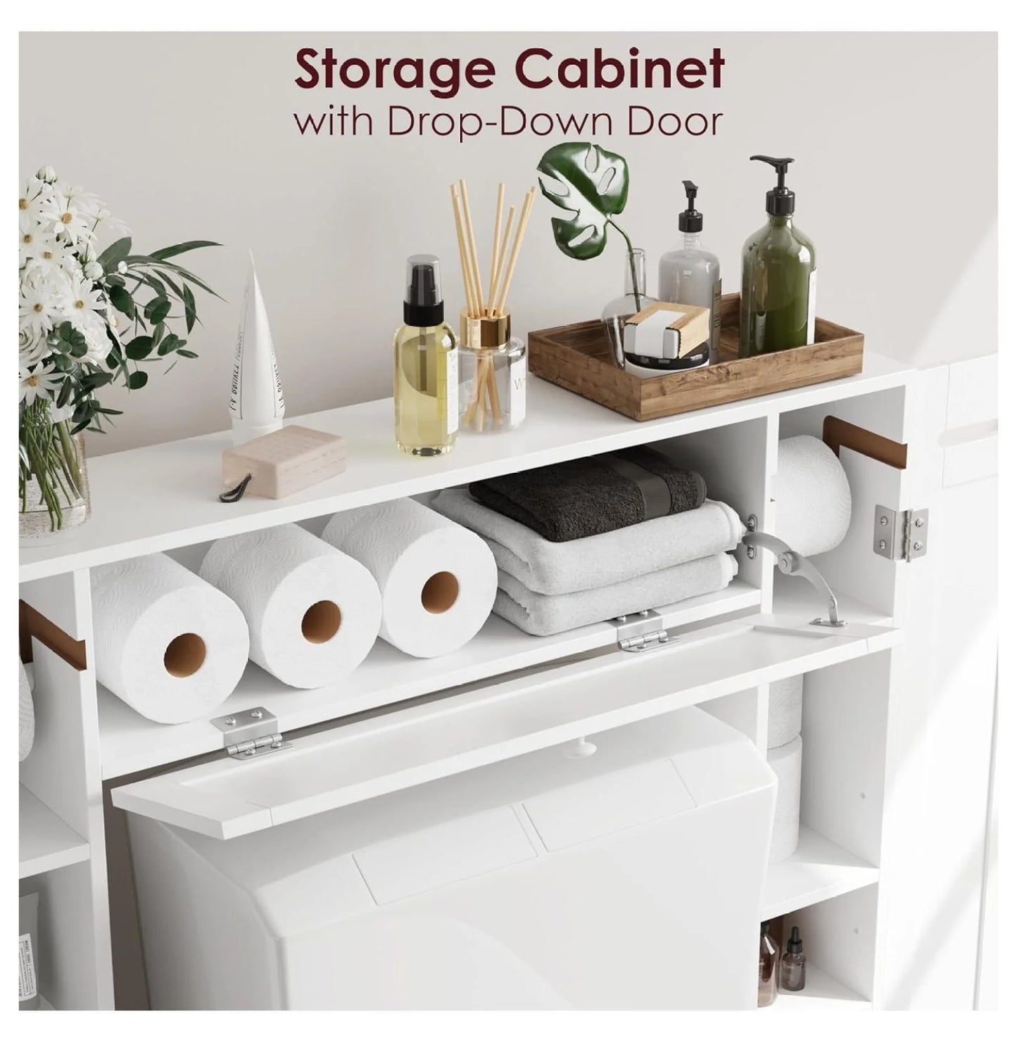 Over The Toilet Storage Cabinet, Bathroom Space Saver with Paper Holder and Adjustable Shelves, Freestanding Toilet Cabinet Organizer with 2 Side Doors and Pull-Down Door, White