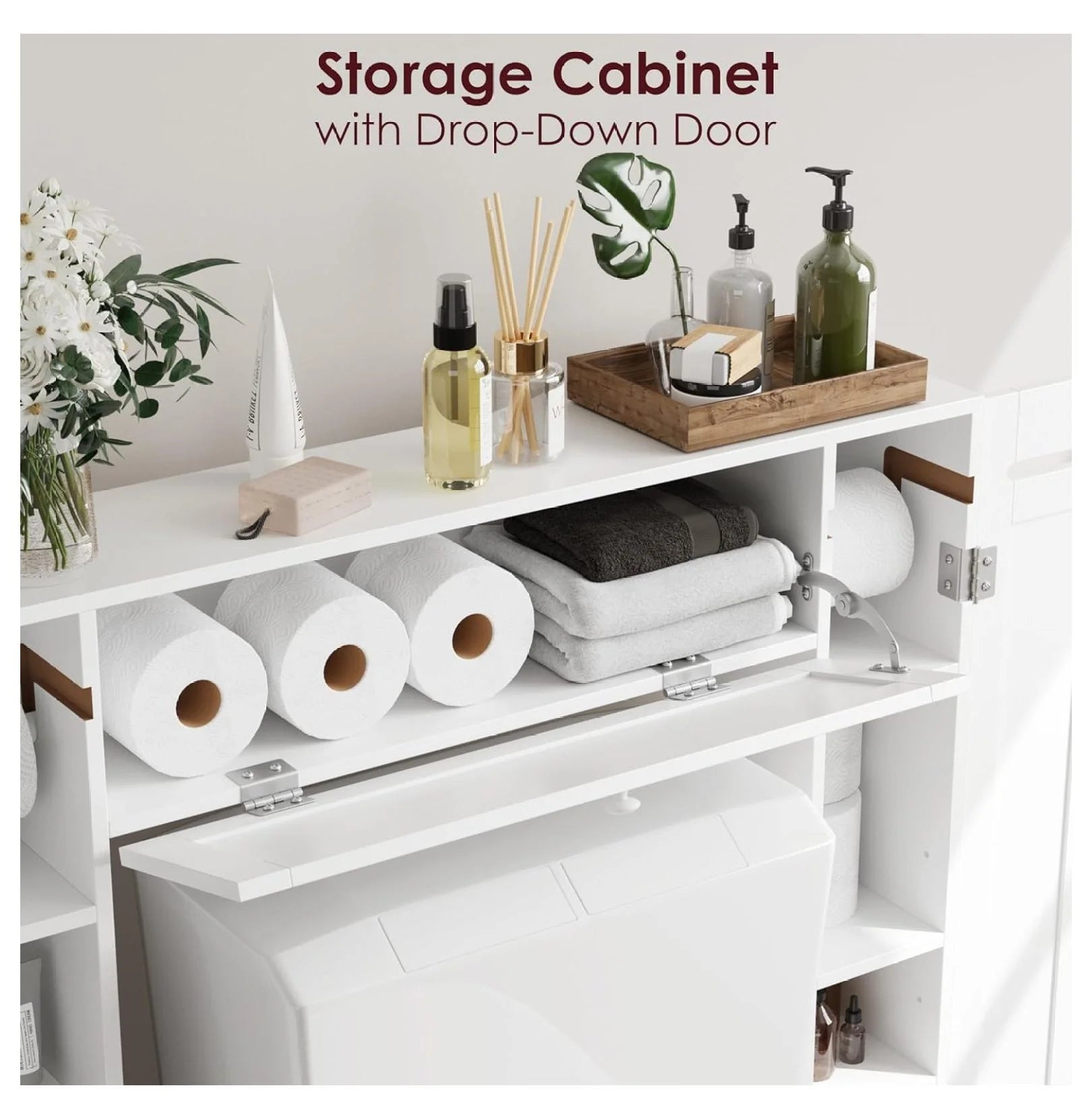 Over The Toilet Storage Cabinet, Bathroom Space Saver with Paper Holder and Adjustable Shelves, Freestanding Toilet Cabinet Organizer with 2 Side Doors and Pull-Down Door, White