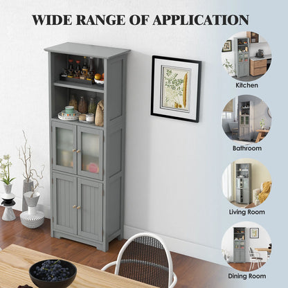 Gymax Bathroom Tall Storage Cabinet Linen Tower w/Glass Door & Adjustable Shelf Grey