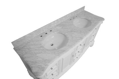 Katherine 72" Double Bathroom Vanity with White Cabinet and Carrara Marble Top