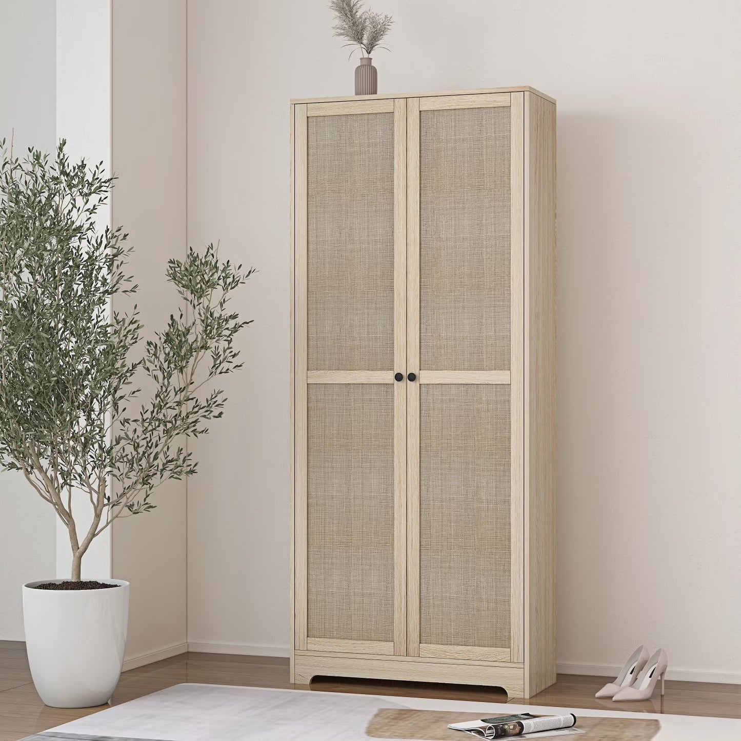 UBesGoo 72" Traditional Freestanding Kitchen Pantry Cabinet Wardrobe Armoire with 4 Adjustable Shelves, White