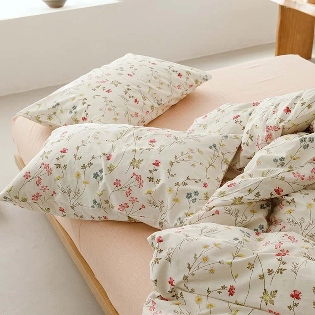 100% pure cotton flower duvet cover with large flower leaves printed on milky white duvet cover, 3 soft and breathable spring bedding items with zipper