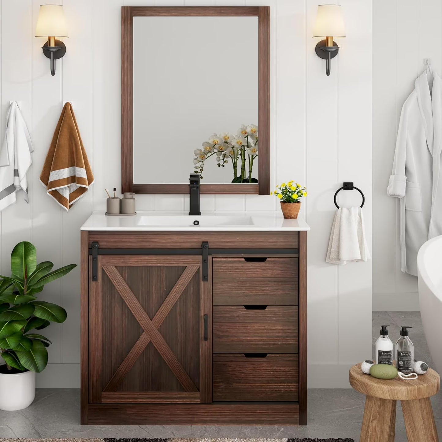 Blotout 36" Bathroom Vanity with Sink & Faucet & Mirror, Farmhouse Bathroom Vanity Cabinet Set with Sliding Barn Door & 3 Drawers, Freestanding Single Bath Storage Vanity Ceramic Sink, White