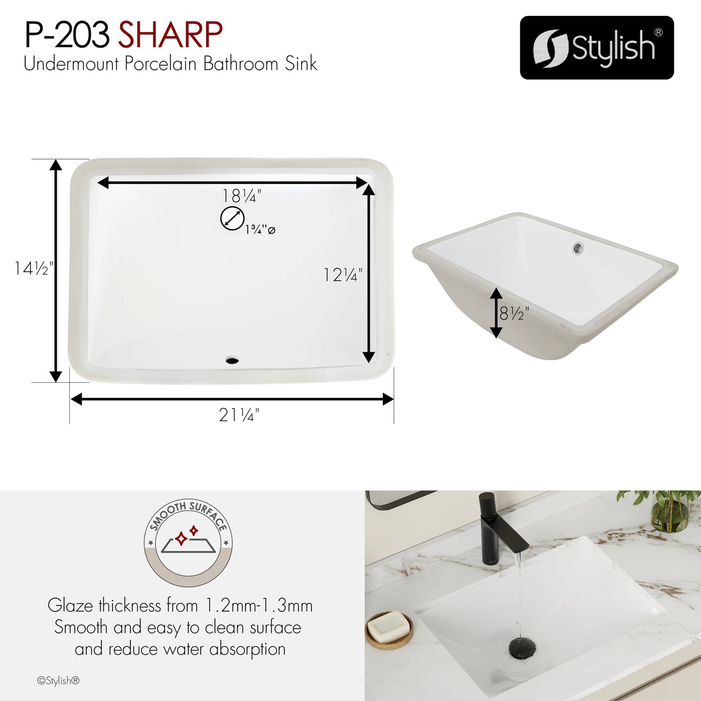 Stylish 21.25"W x 14.5"D White Rectangular Undermount Bathroom Sink P-203