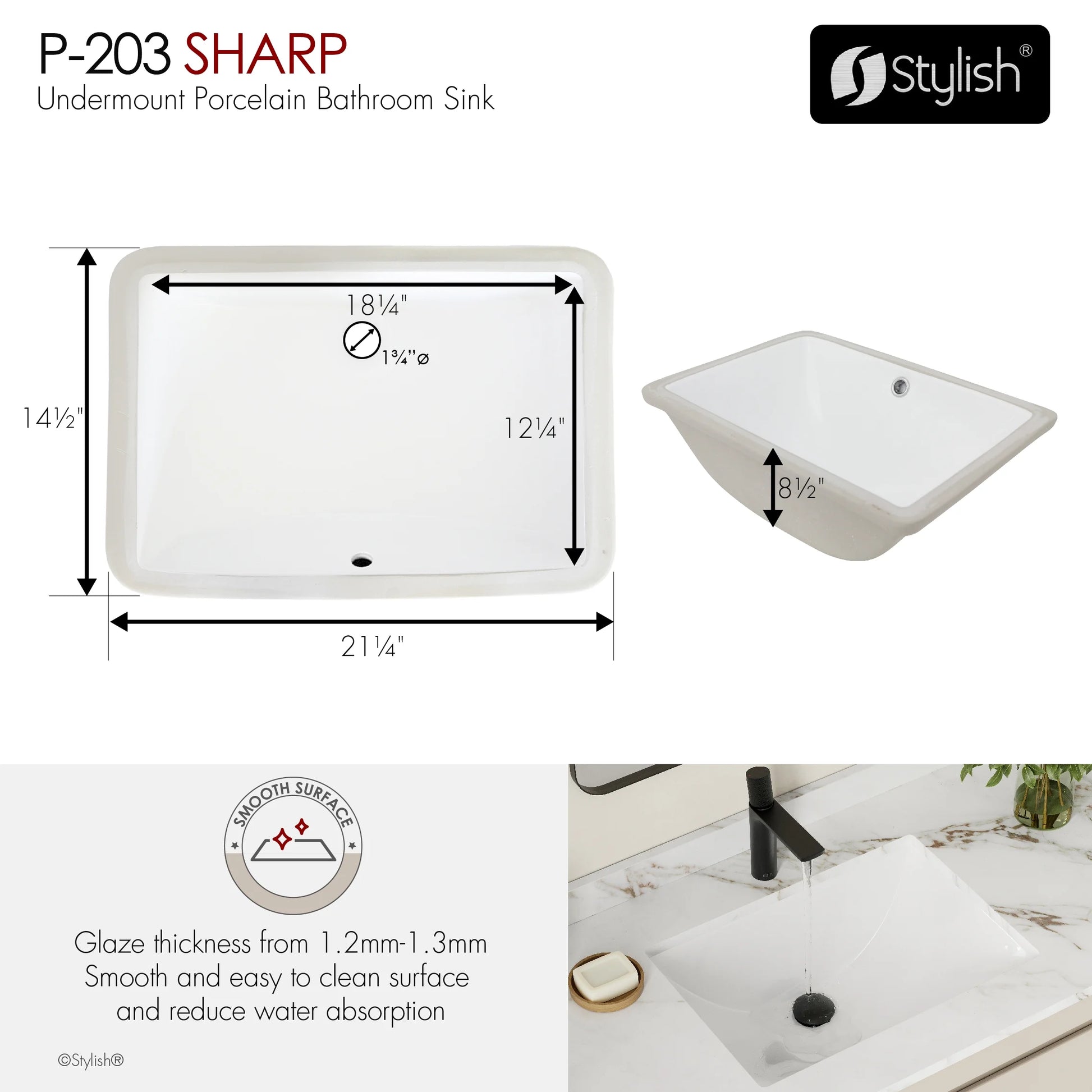 Stylish 21.25"W x 14.5"D White Rectangular Undermount Bathroom Sink P-203