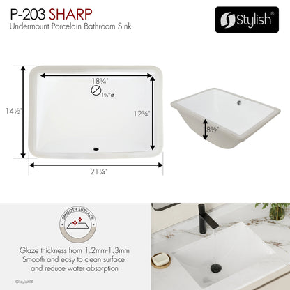 Stylish 21.25"W x 14.5"D White Rectangular Undermount Bathroom Sink P-203
