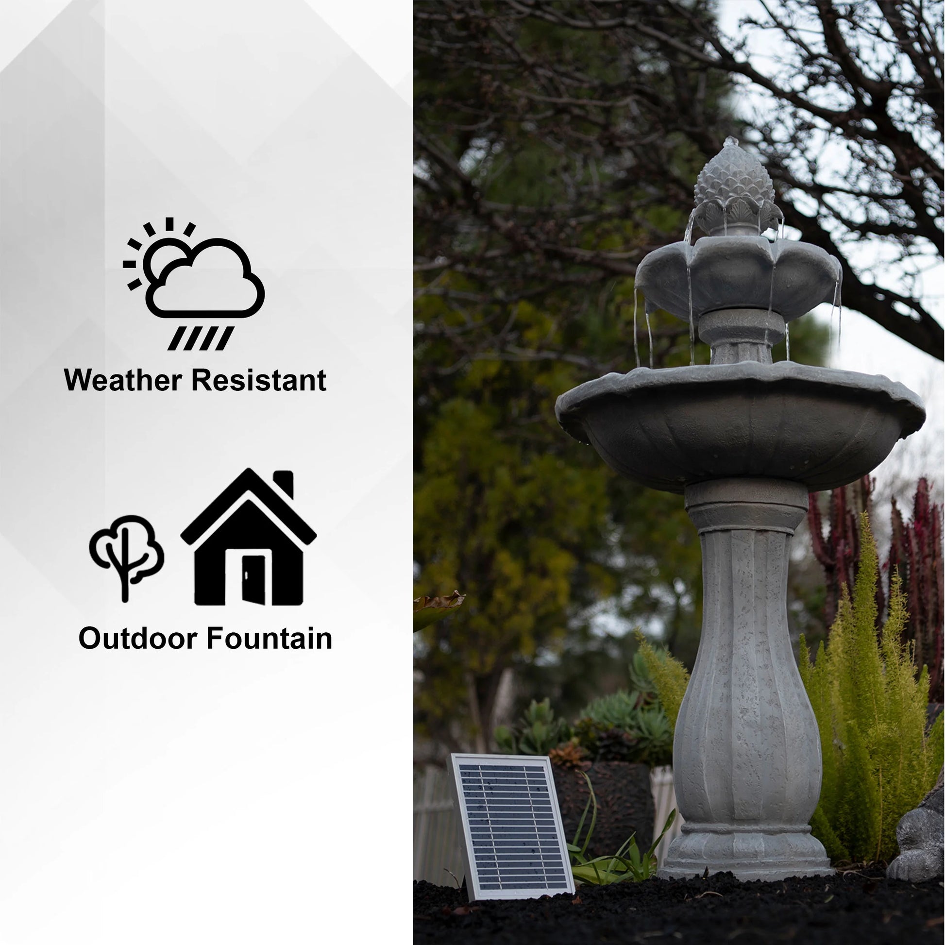 XBrand 44" H White Fiberglass/Resin 2-Tier Solar Water Fountain w/Solar Panel and Auto-Shut Off Pump, Solar Garden Fountain, Tall Outdoor Fountain, Two Tiered Birdbath Fountain