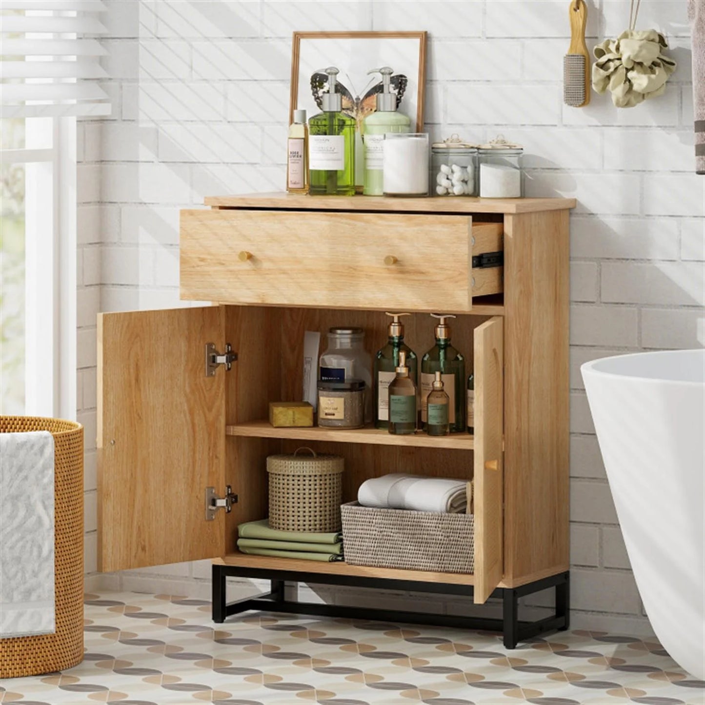 Finihen Accent Floor Storage Cabinet with Rattan Doors, Bathroom Cabinet with Large Drawer, Freestanding Storage Cabinet Organizer, Beige