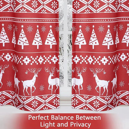 GlowSol 26"W x 24"L Boho Xmas Cafe Curtains Tree Deer Pattern Bathroom Curtain Blackout Half Window Kitchen Cafe Curtains, Red, Set of 2
