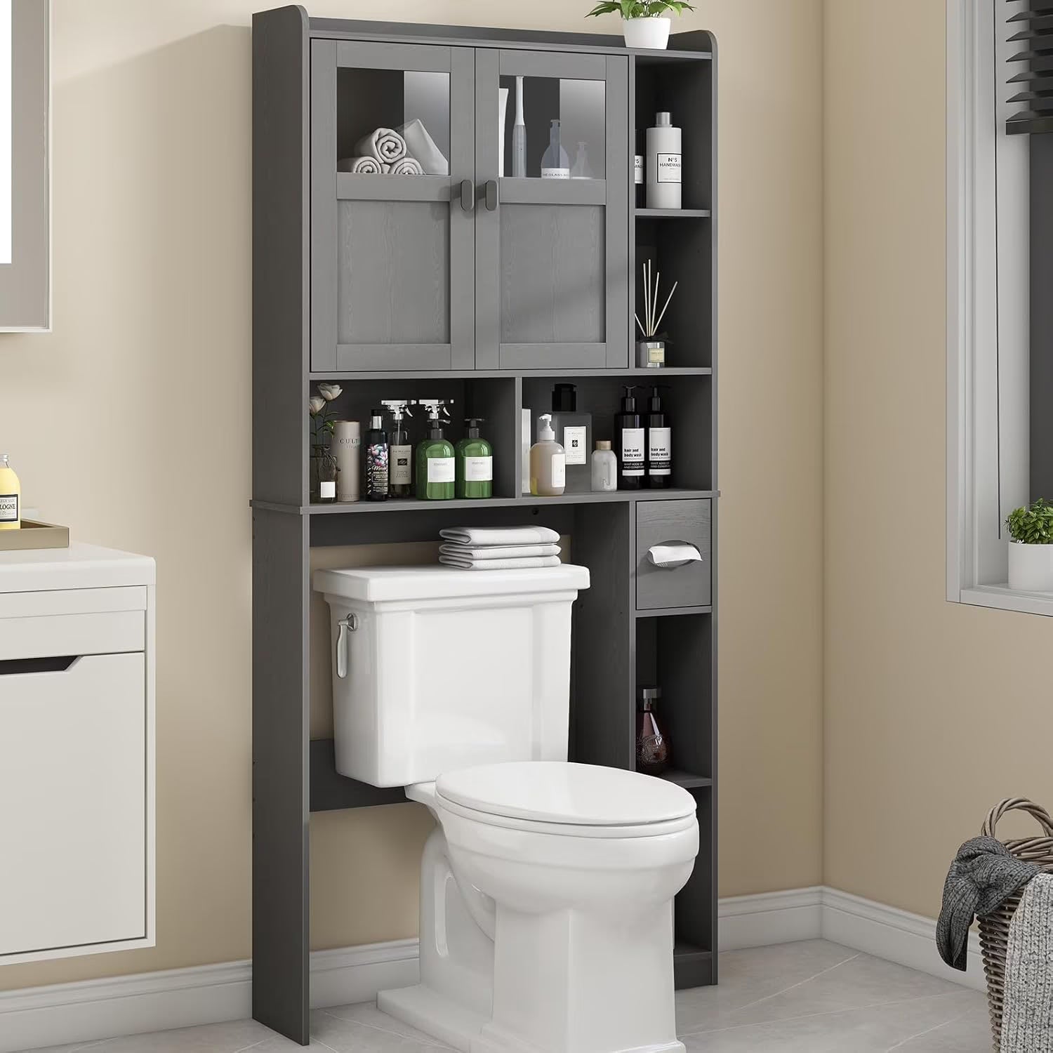 Over The Toilet Storage Cabinet, Storage Cabinet Over Toilet with Double Doors & Toilet Paper Holder Stand, Freestanding Toilet Shelf Space Saver with Anti-Tip Design & Adjustable Shelf, Black