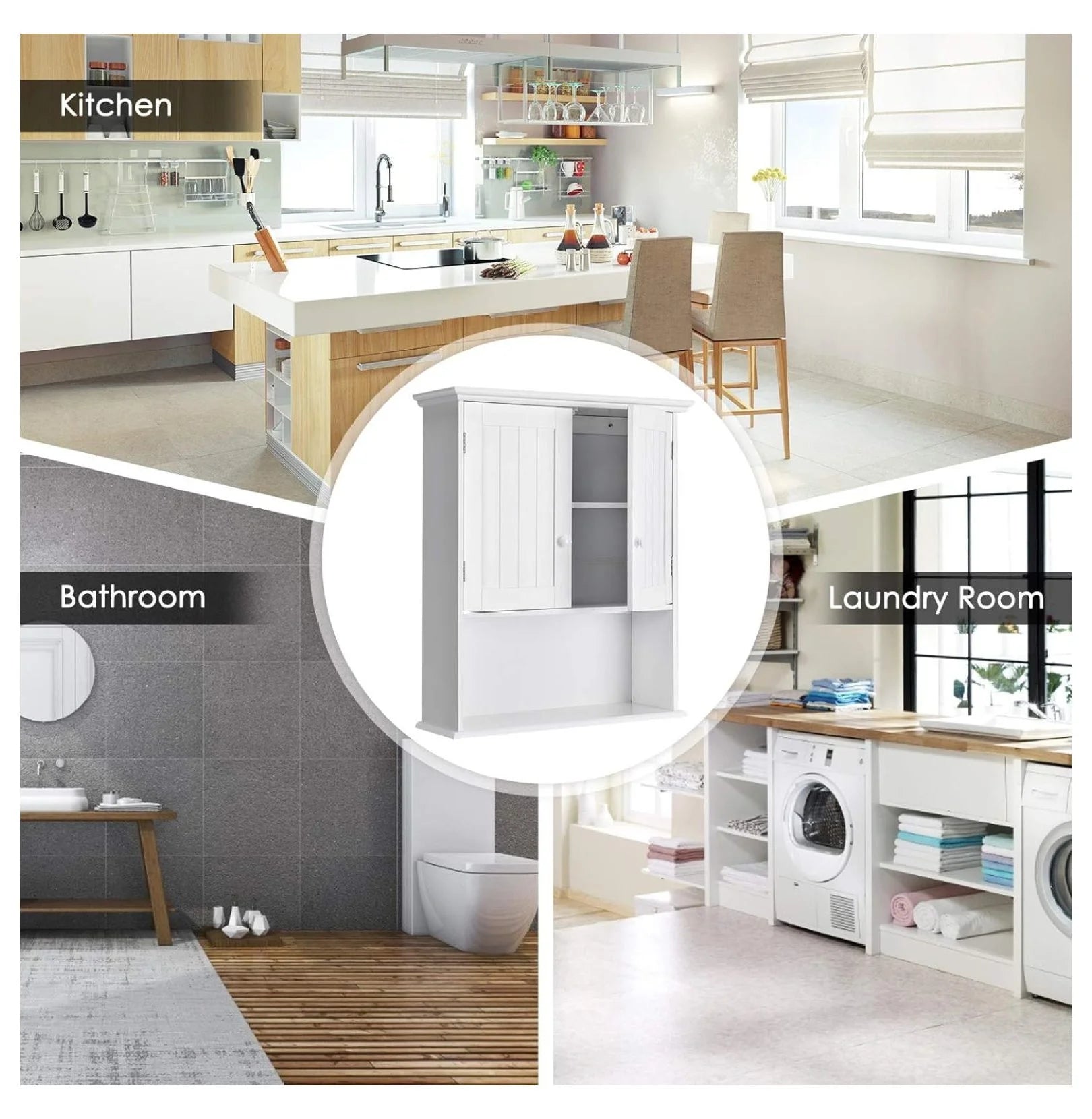 Ditangy Wall Mounted Bathroom Cabinet, Over The Toilet Storage Cabinet w/Double Doors & Adjustable Shelf, Wood Hanging Medicine Cabinet for Living Room, Entryway, Kitchen (White)