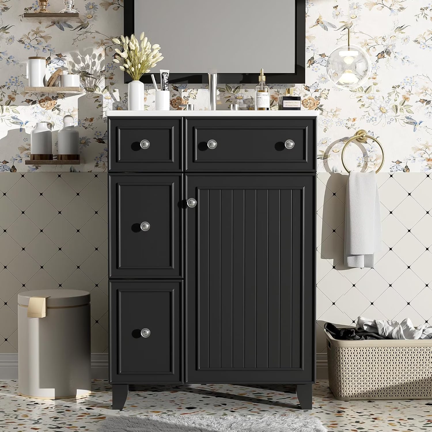 24-Inch Bathroom Vanity Cabinet with Ceramic Sink, 2 Drawers, 1 Door, Light Green