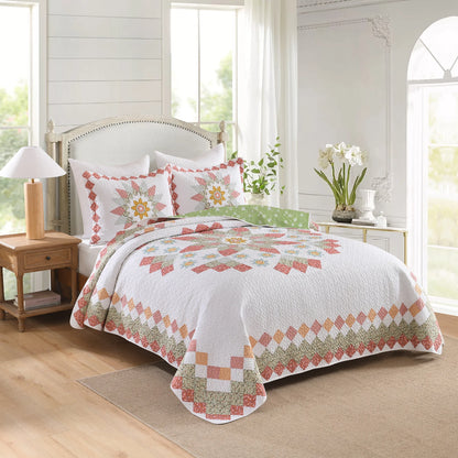 3 Pcs 100% Cotton Sunflower Pattern Patchwork Quilt Bedspread Set|Farmhouse Bedding Set for All Seasons