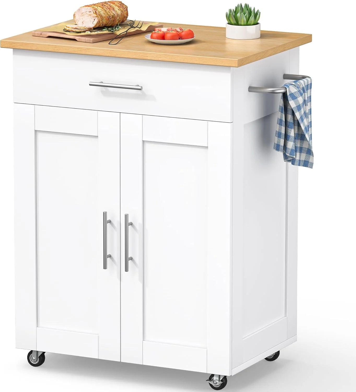 SELOOYE Kitchen Island Cart with Storage, Rolling Side Table, Large Worktop, Cabinet, Towel Rack, Drawers