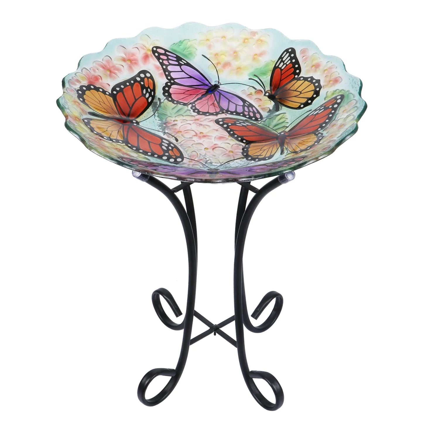 Glass Birdbath with Metal Stand Outdoor for Lawn Yard Garden Butterfly Decor, 18°?Dia 21.65°?Height