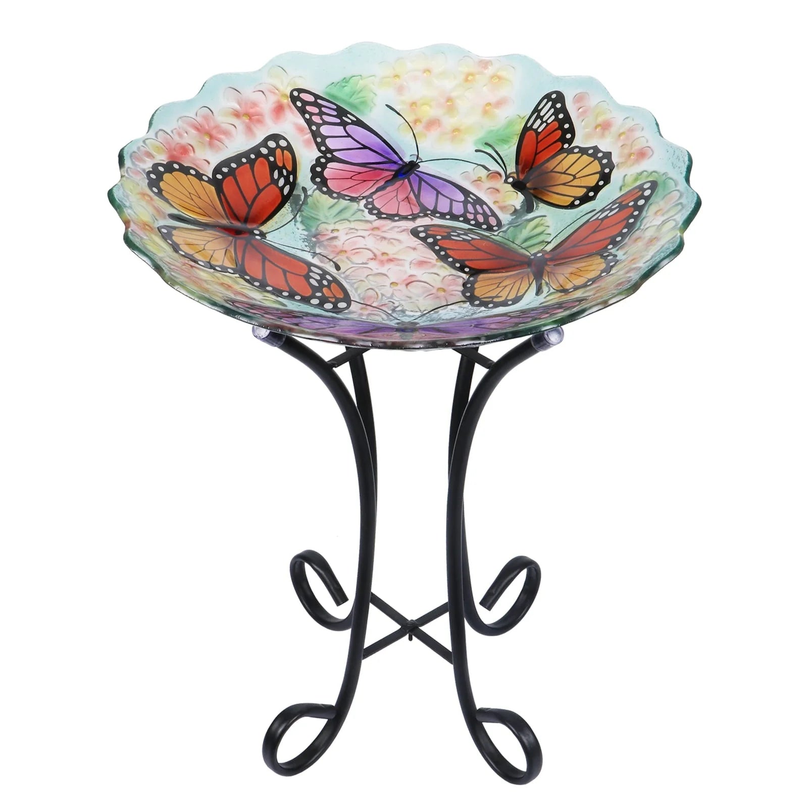 Glass Birdbath with Metal Stand Outdoor for Lawn Yard Garden Butterfly Decor, 18°?Dia 21.65°?Height