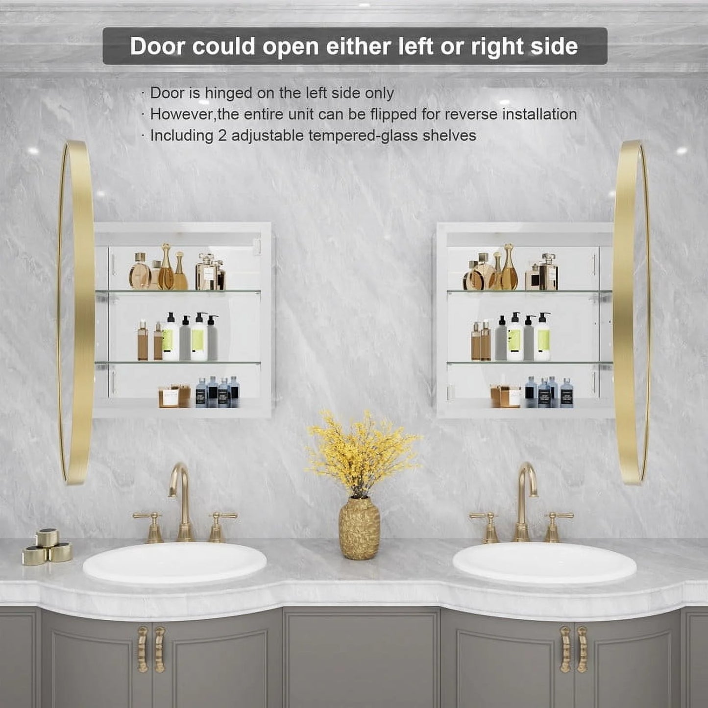 WallBeyond Bathroom Medicine Cabinet with Round Mirror Aluminum Framed 24", Gold