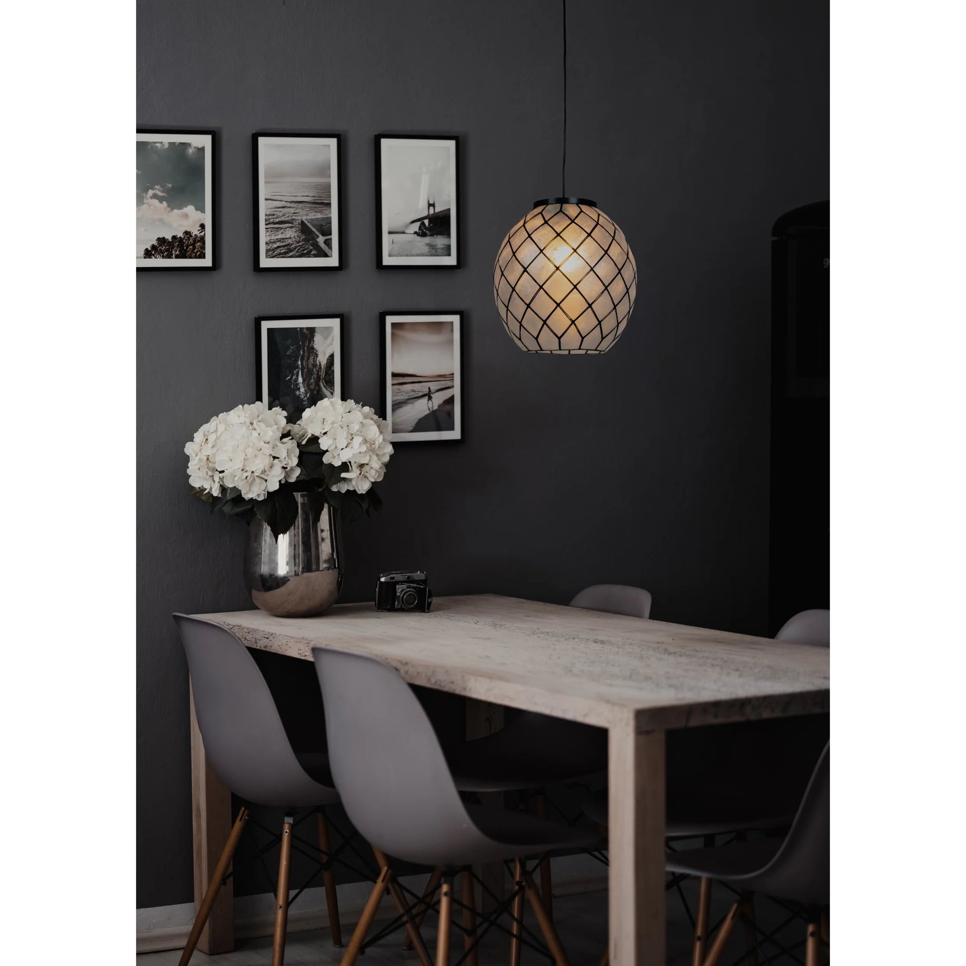 Robert Stevenson Lighting Marina Natural Capiz and Metal Orb Pendant Ceiling Light, Natural and Black