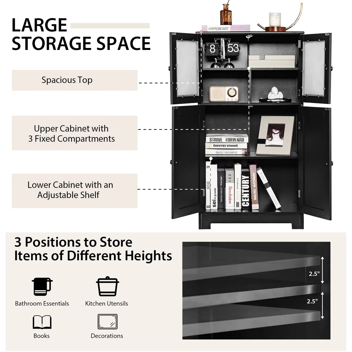 Costway Bathroom Floor Storage Cabinet Kitchen Cupboard w/Doors& Adjustable Shelf Black