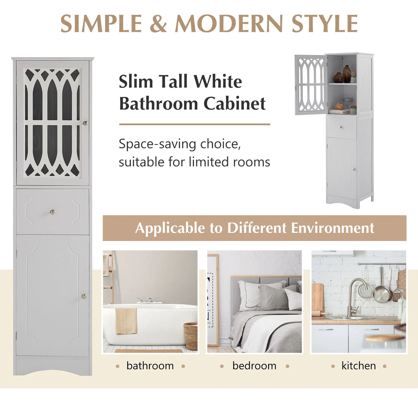 DEALTOPS Modern Bathroom Cabinet with Drawer and 2 Cabinets, Slim Freestanding Storage Cabinet with adjustable shelf for Bathroom - Gray