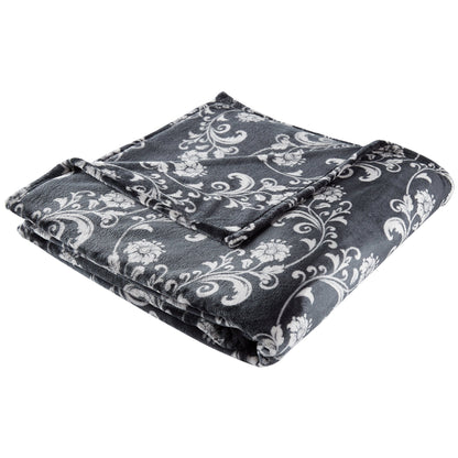 SoftLux Printed Luxury Velvet Plush Fleece Blanket, Full/Queen, 90" x90", Grey Floral Scroll