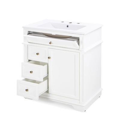 GDF Studio 30" Modern Bathroom Vanity with Sink Combo Set, 3 Drawers and A Tip-out Drawer, Door Shelf, White