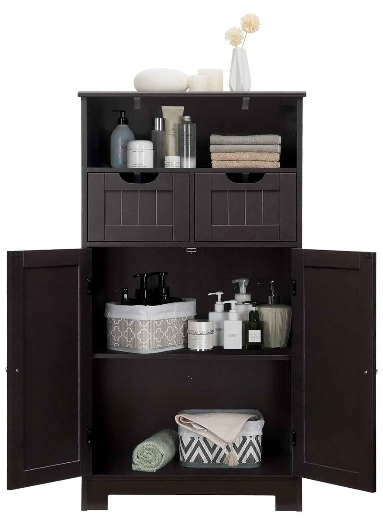 Freestanding Wooden Storage Cabinet with 2 Drawers & Adjustable Shelf for Bathroom, Living Room, Bedroom, Kitchen - Brown