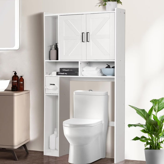 Over The Toilet Storage Cabinet, Farmhouse Bathroom Space Saver Organizer with 2 Barn Doors and Paper Holder Stand, Wooden Toilet Rack for Restroom, Laundry