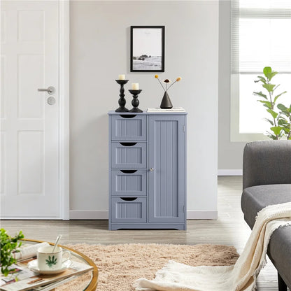 Yaheetech Wooden Cabinet Storage Unit with 4 Drawers & Cupboard for Bathroom, White