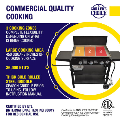 Griller's Choice Outdoor Griddle Grill Propane Flat Top - Hood Included, Large Flat Top Grill, 2-in-1 Portable, Paper Towel Holder