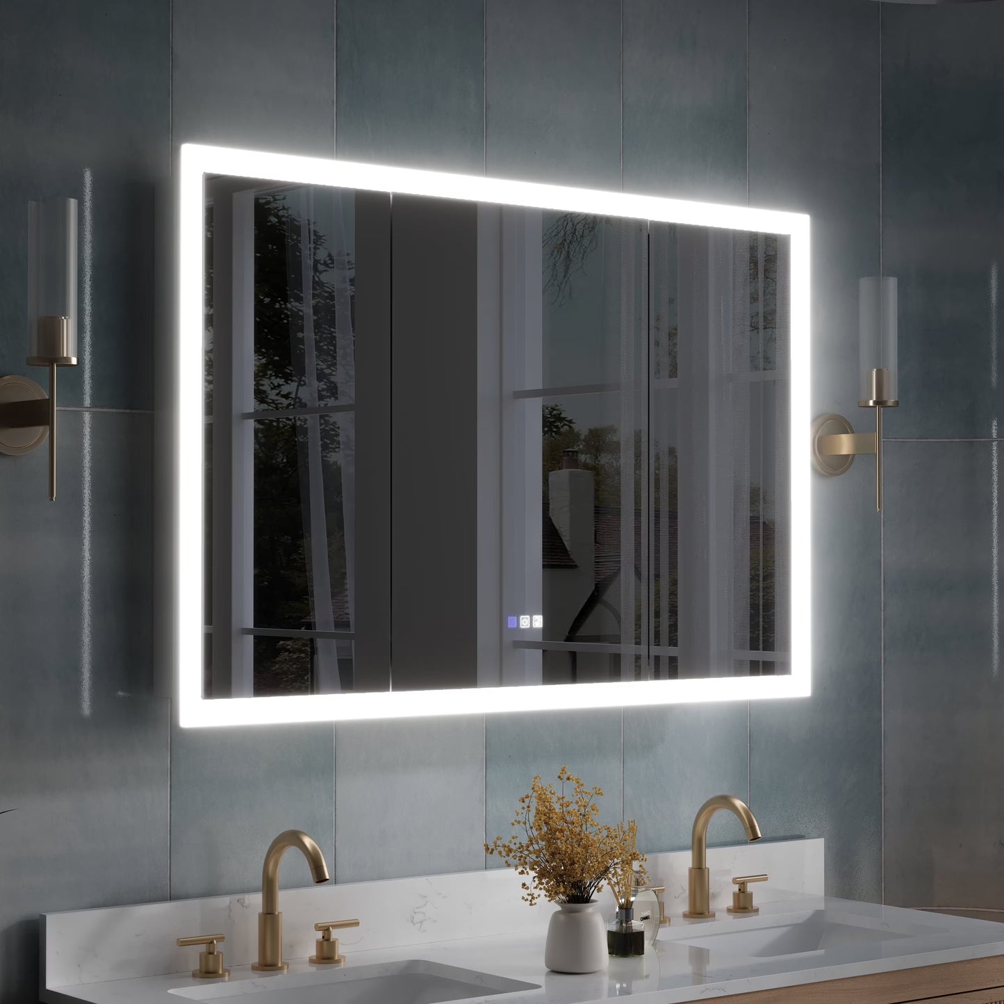 ANGELES HOME 36" x 32" LED Lighted Bathroom Medicine Cabinet with Mirror, 3X Magnification Makeup Mirror, Vanity Mirror Cabinet w/Defogger, Dimmable, Memory Function, Outlets & USB