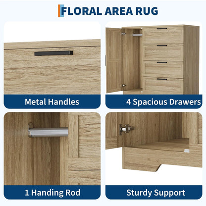 Ataucjin Wood Armoire Wardrobe Closet with 4 Drawers and Door, 43.3" H Bedroom Wardrobe Cabinet with Hanging Rod, Clothing Storage Cabinets, 4 Drawers Dresser with Storage Closet