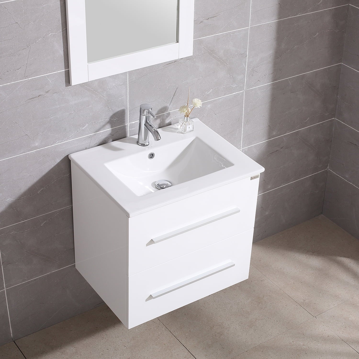 Wonline 24" Wall Mounted Bathroom Vanity with Sink, White Cabinet with Two Drawer and Mirror Chrome Faucet