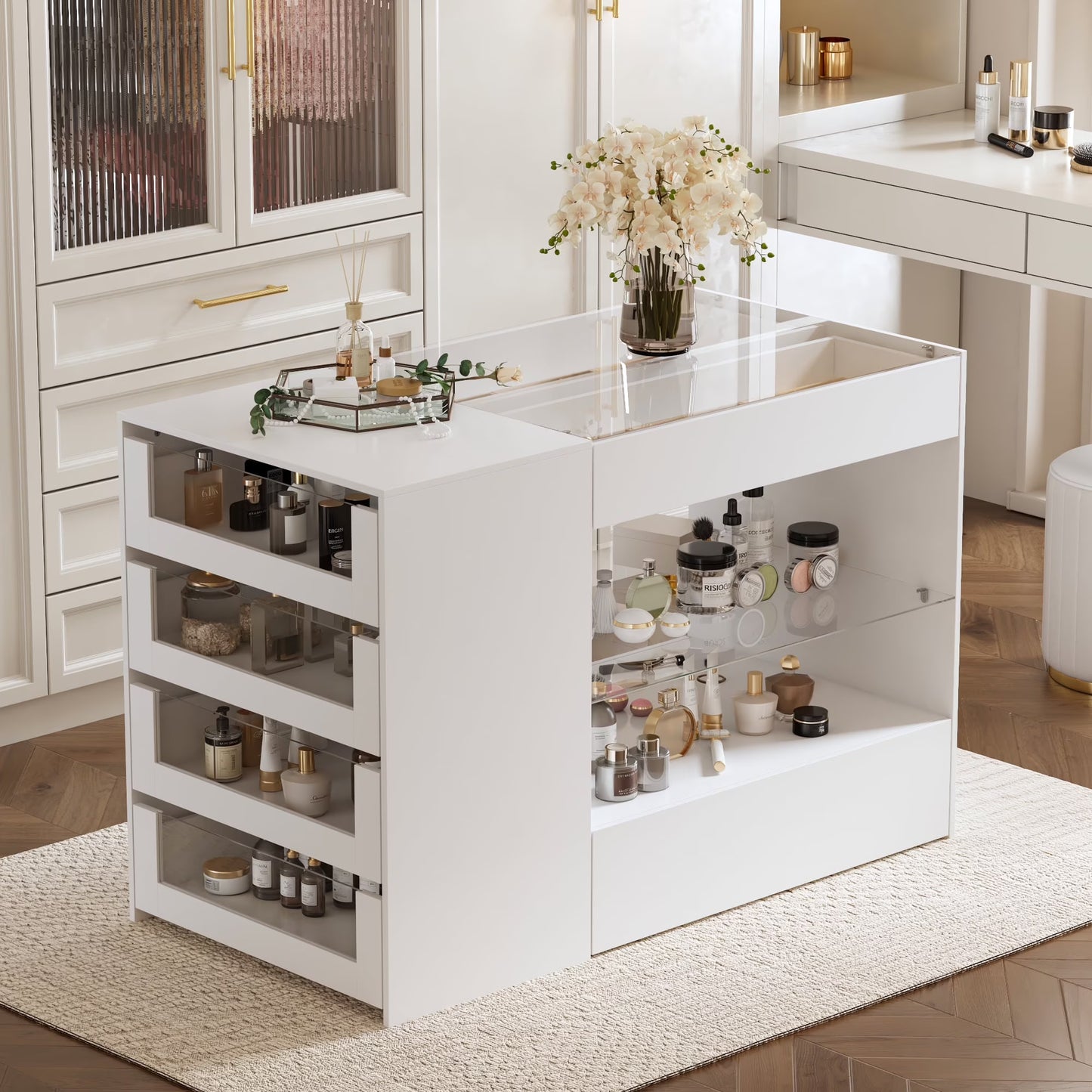 KULAGAGA Closet Island with Glass Top & 8 Drawers,Wardrobe Armoire Island for Walk-in Closet, Store Dressing Room, 47.2° W x 23.6° D x 31.5° H