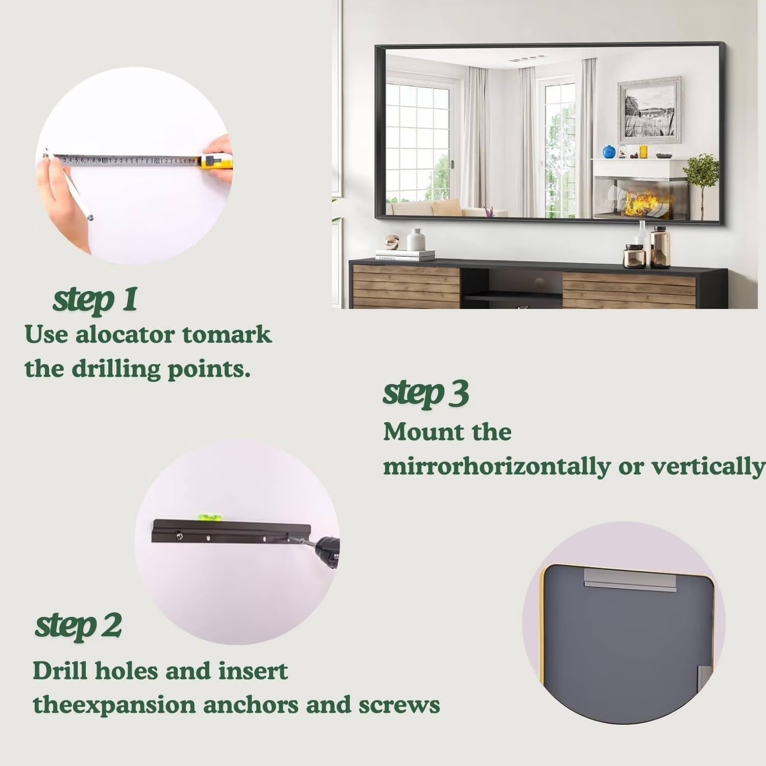 Organnice Rectangular Mirror Modern Black Frame Bathroom Vanity Mirror Clean Glass 60"L*28"W