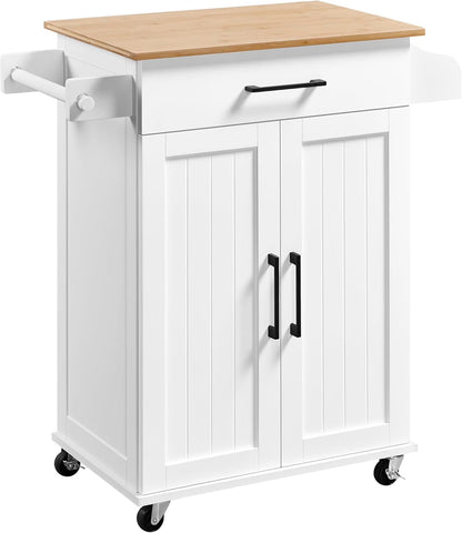 HXYHJ Kitchen Island on Wheels with Storage Cabinet, Rolling Kitchen Cart with Bamboo Top & Drawer & Spice Rack Towel Bar, Microwave Stand Cart for Kitchen/Dining Room, Black