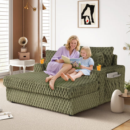 Aukfa Oversized Chaise Lounge Loveseat Couch with 2 Cup Holders& Throw Pillows, Fluffy Corduroy, Olive Green