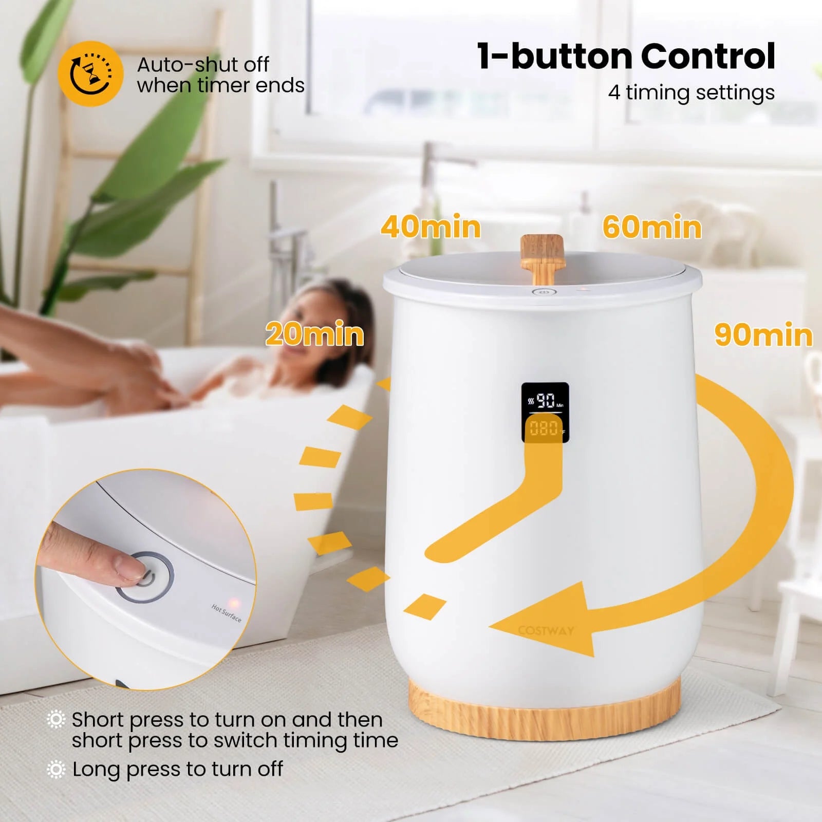 Costway 20L Bathroom Towel Warmer Bucket with Fragrance Holder & LED Display White